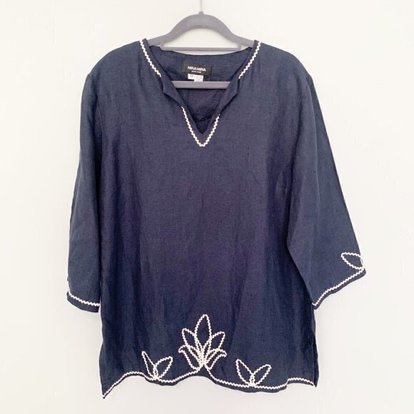 Nira Nira v-neck elbow sleeve embroidered 100% linen lagenlook top - Picture 1 of 8